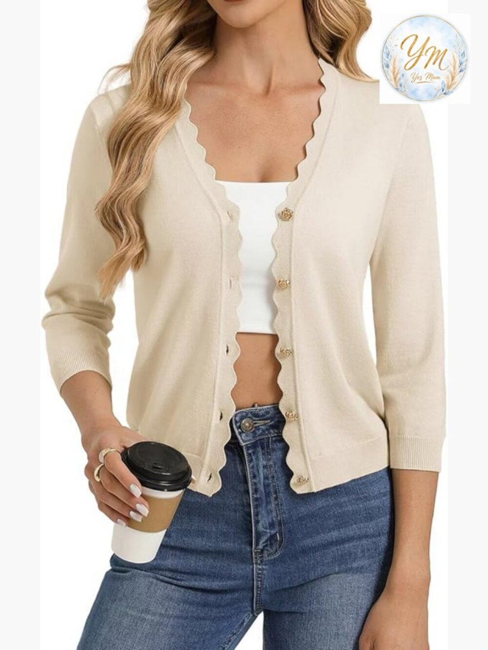 3/4 Sleeve V Neck Button Down Lightweight Cardigan